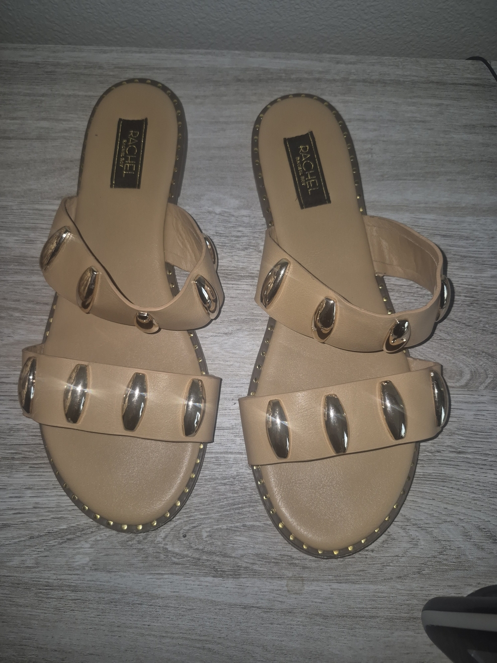 Rachel Roy Tan Leather Studded Slide Sandals
